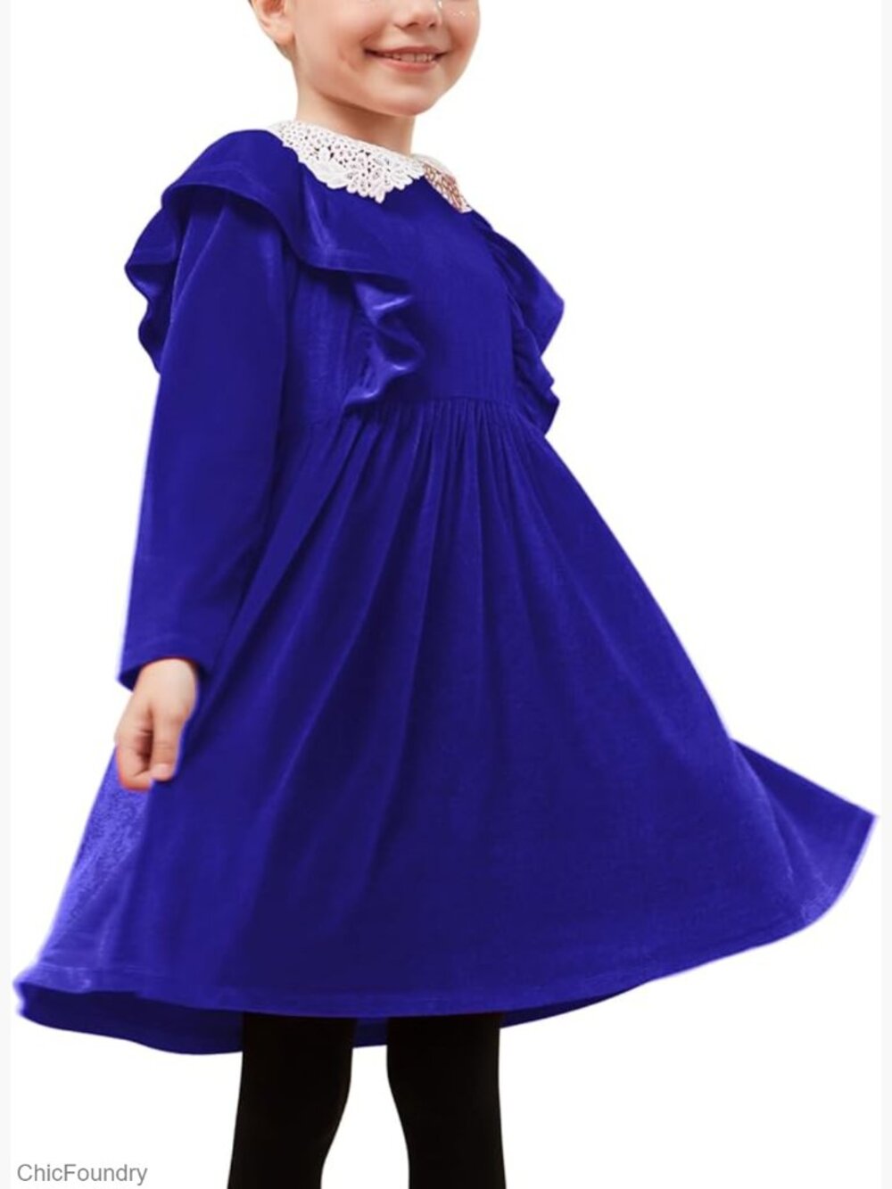 Girls Velvet Dress Ruffle Trim Long Sleeve Midi Guipure Lace Collar Party - Picture 1 of 5